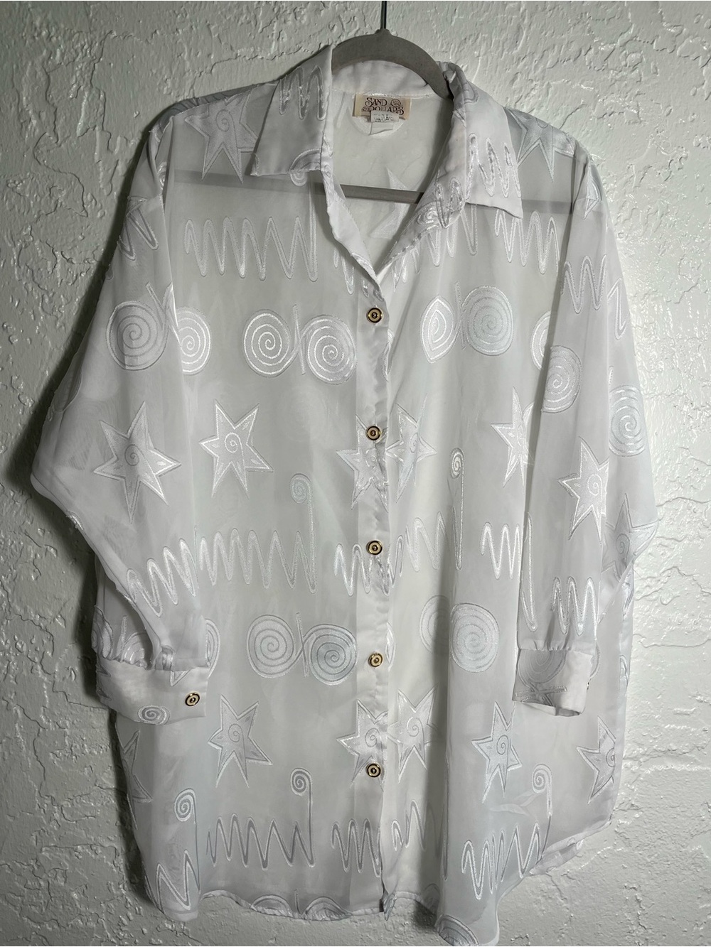 Vintage Sand Dollars White Sheer Embroidered Blouse Medium